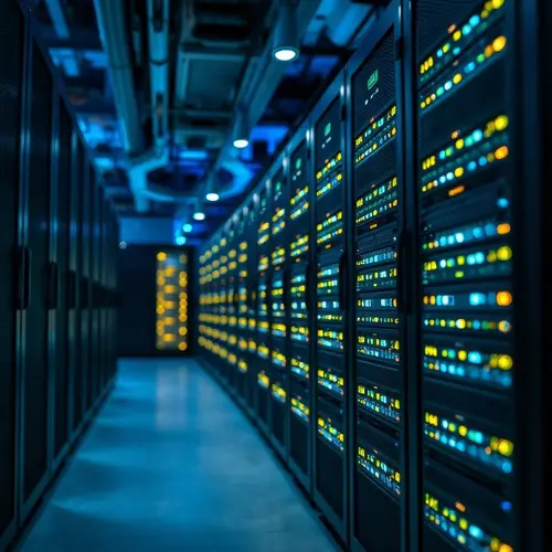 Rows of servers with blinking lights in a modern data center.