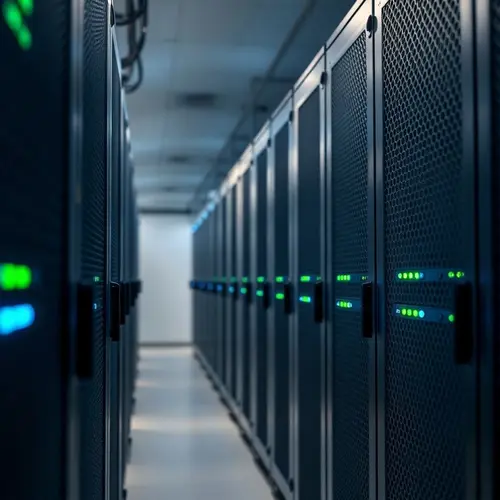 Rows of server racks with illuminated indicator lights in a data center
