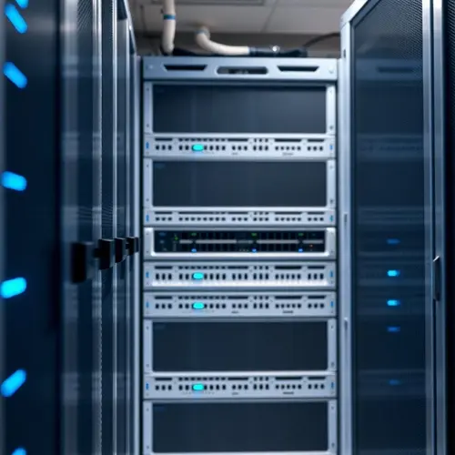 A close-up editorial photo of a modern server rack with blue indicator lights inside a data center.