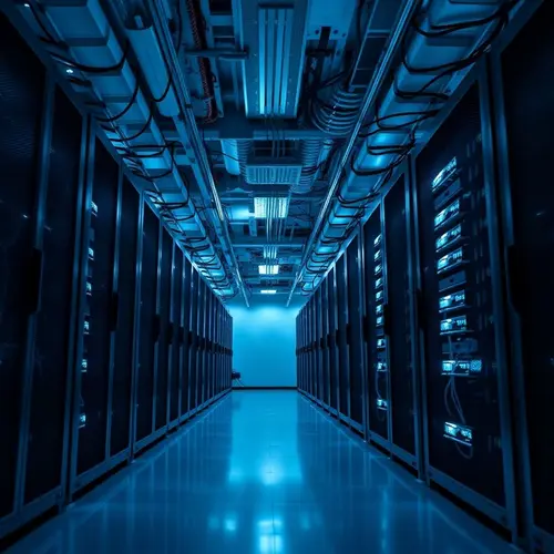 Rows of server racks inside a data center with blue lighting.
