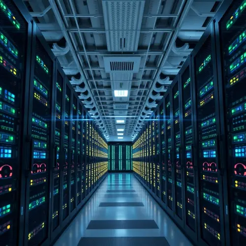 Rows of modern server racks with indicator lights inside a data center.