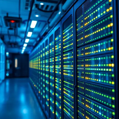 An image showing a server rack with blinking lights in a modern data center.