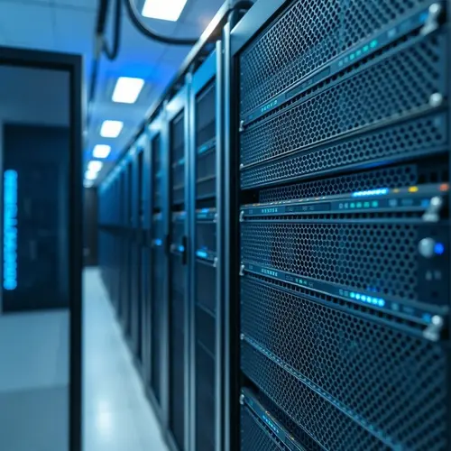 Detailed view of server racks in a data center, illustrating technology infrastructure.