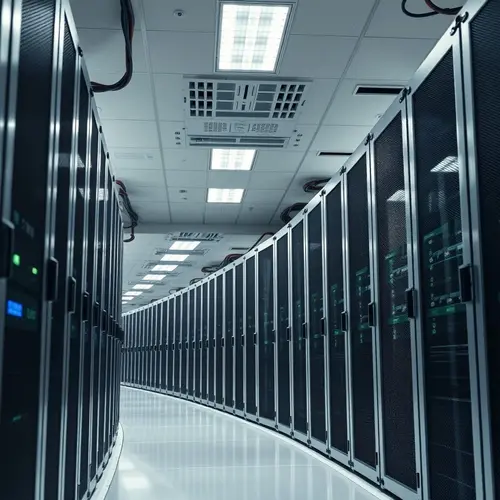 Rows of modern server racks in a data center, symbolizing technological infrastructure and data processing.