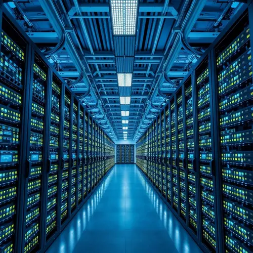 An interior view of a modern data center with rows of server racks and extensive network cabling.
