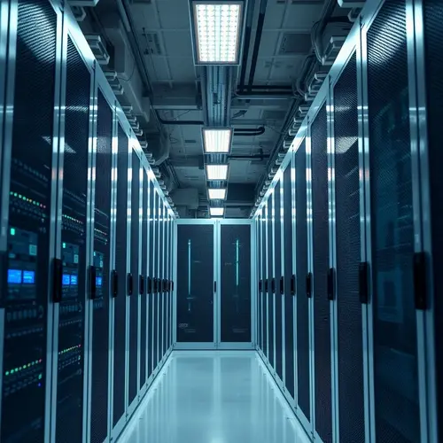 A view down an aisle of tall server racks with blinking lights in a modern data center.
