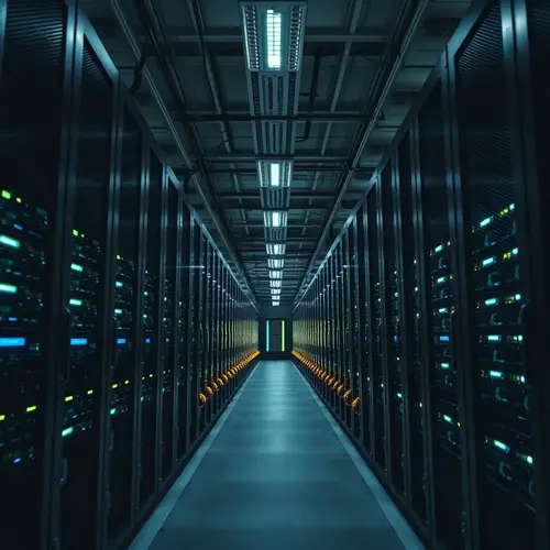 Rows of server racks glowing in a data center, showcasing modern digital infrastructure.