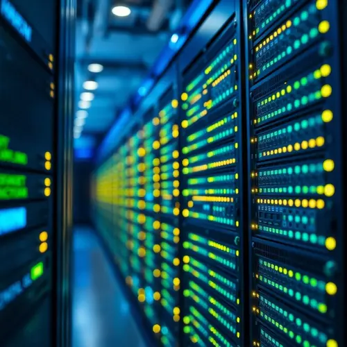 Server racks with blinking lights in a data center