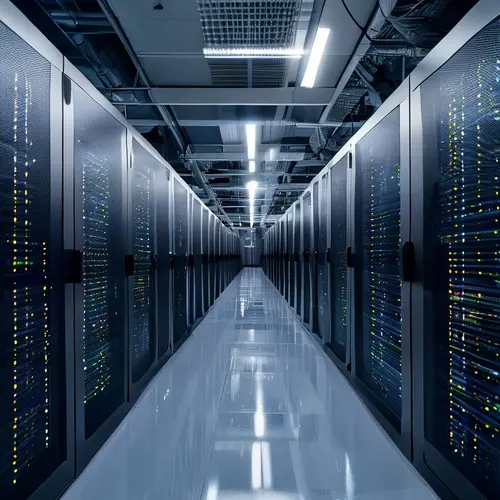 Rows of server racks inside a modern data center, illustrating digital infrastructure.