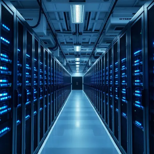 Image of multiple rows of servers with blinking lights inside a modern data center.