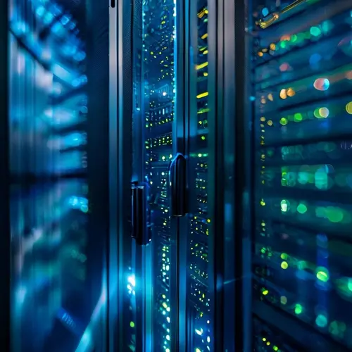 Rows of server racks with active indicator lights in a data center