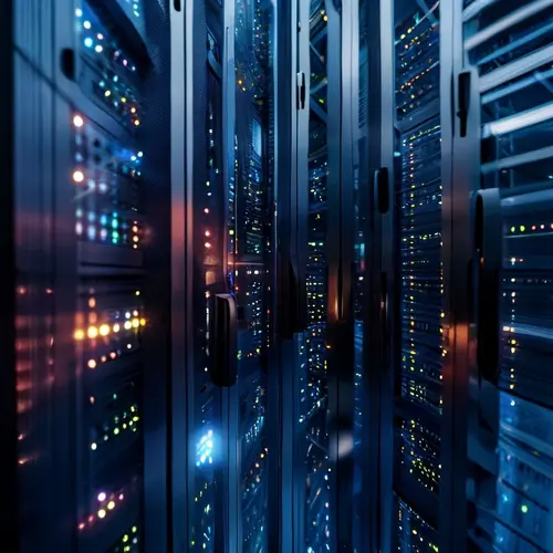 Server racks within a data center environment, representing modern technology infrastructure.