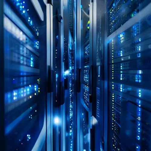 A close-up view of modern server racks with indicator lights in a data center environment.