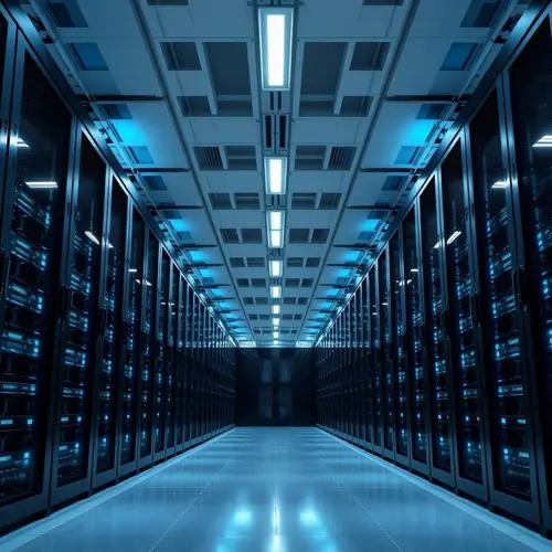 Rows of server racks with indicator lights in a modern, high-tech data center.