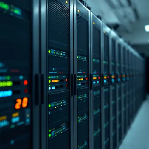 Close-up of server racks in a modern data center, showing blinking indicator lights and network cables.