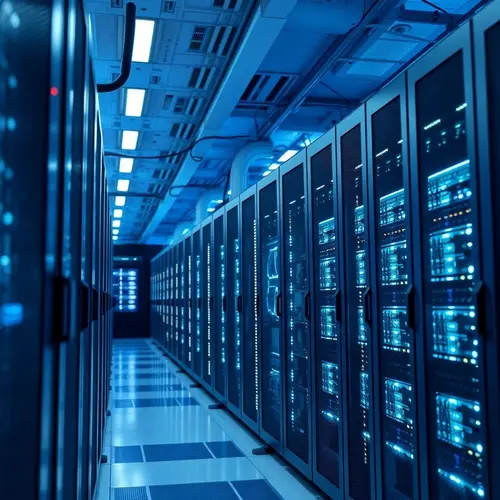 A detailed view of a modern data center with server racks illuminated by cool blue and white lights.