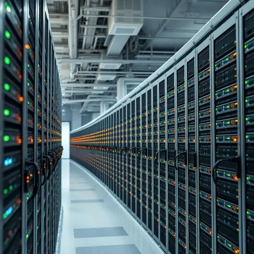 Rows of server racks with active indicator lights in a large, modern data center.