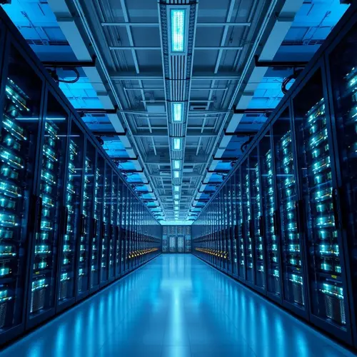 Rows of servers inside a modern data center with blue lighting.