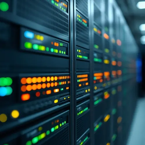 A close-up view of a modern server rack with indicator lights in a data center environment.