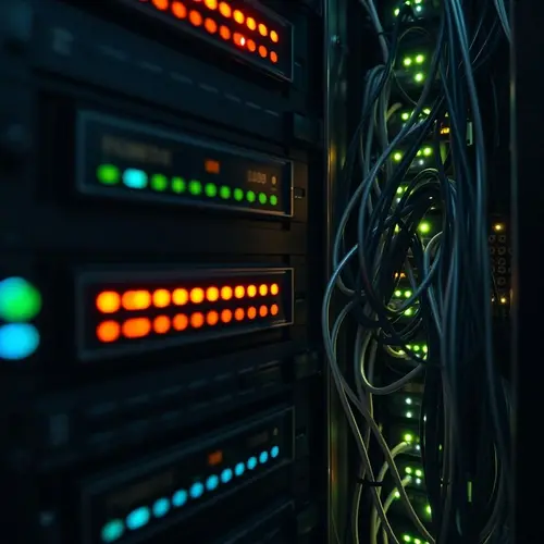 A server rack with blinking lights and cables inside a data center.