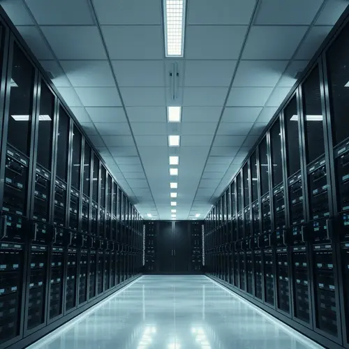 An image of a large, modern server room showcasing rows of black server racks, representing digital infrastructure.