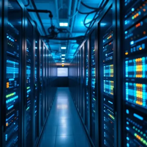 Rows of server racks glowing with blue lights in a modern data center.
