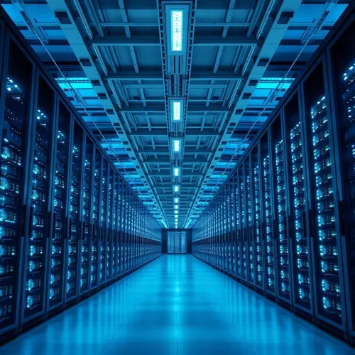 Rows of server racks in a modern data center with cool blue lighting.