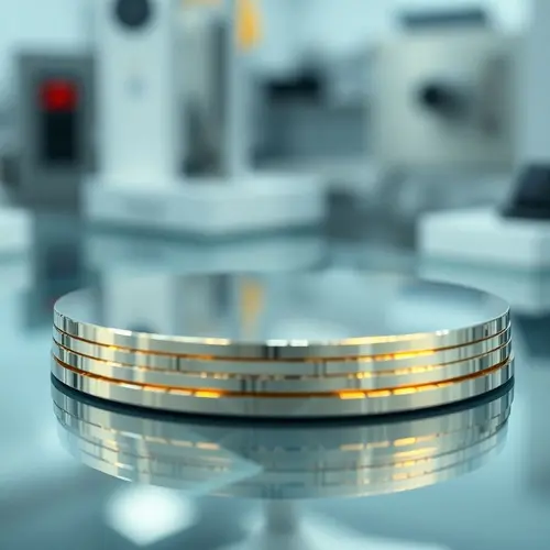 Close-up view of polished silicon semiconductor wafers reflecting light in a clean room