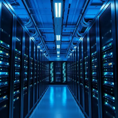 Interior view of a modern data center with server racks