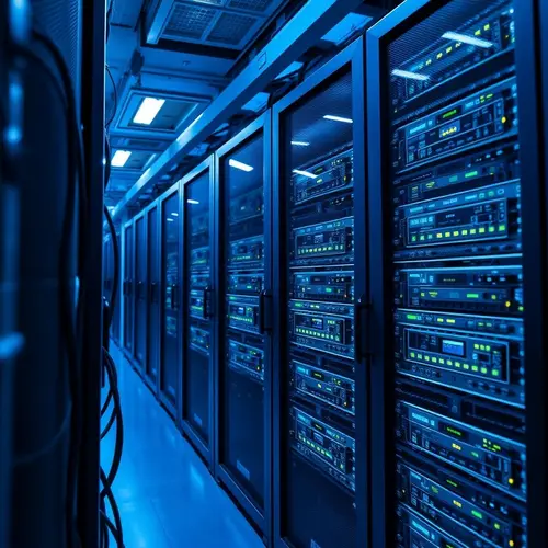A large data center with rows of server racks, illuminated by blue lights, showcasing advanced computing infrastructure.