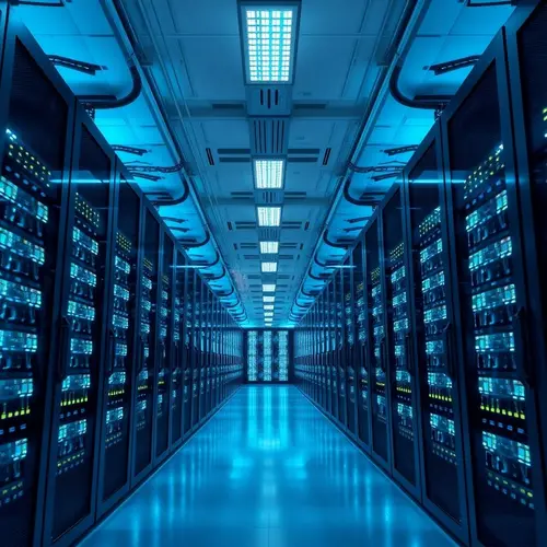 Interior view of a large modern data center with rows of server racks under cool blue lighting