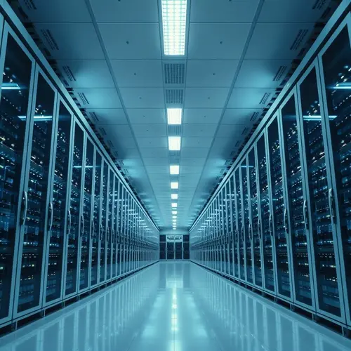 Rows of server racks inside a large, modern data center facility.