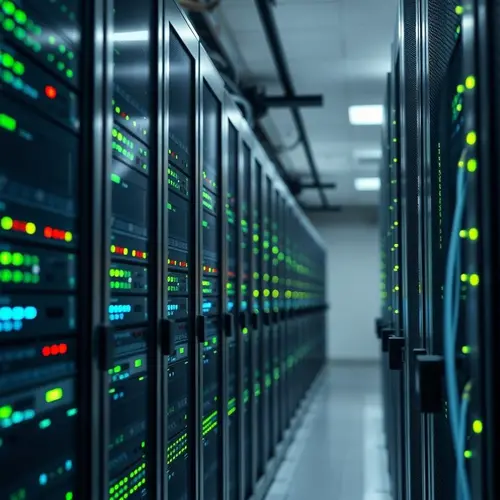 Rows of modern server racks with blinking lights in a clean data center aisle.