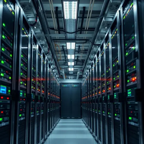 Interior view of a modern data center with server racks and flashing lights, symbolizing digital infrastructure.