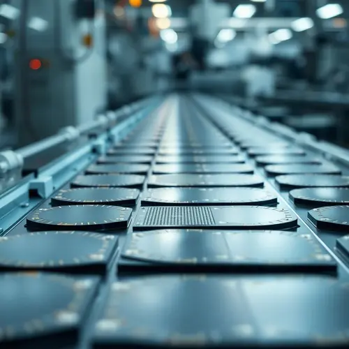 Close-up of highly detailed silicon wafers on a production line, symbolizing advanced technological manufacturing.