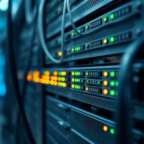Close-up of a modern server rack with indicator lights in a data center.