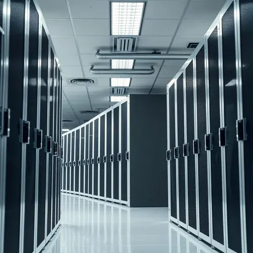 A row of modern server racks in a brightly lit data center aisle, showcasing computing infrastructure.