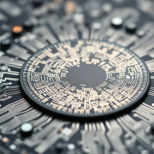 A detailed close-up of a silicon wafer displaying intricate micro-circuits, representing advanced computing hardware.