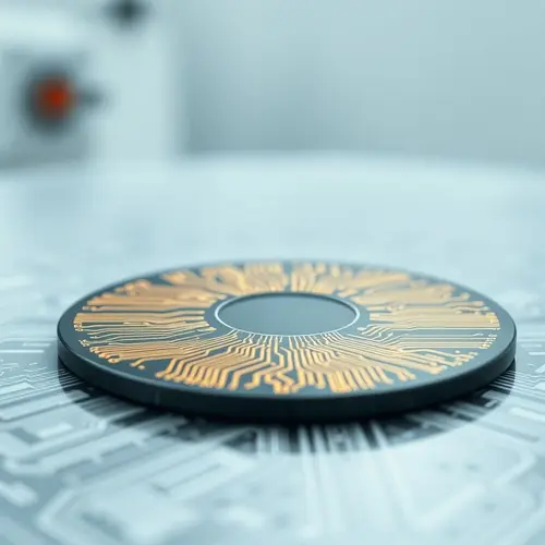 A detailed close-up of a silicon wafer displaying complex integrated circuit designs.