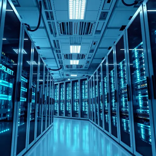 Server racks within a modern data center, showcasing advanced technological infrastructure.