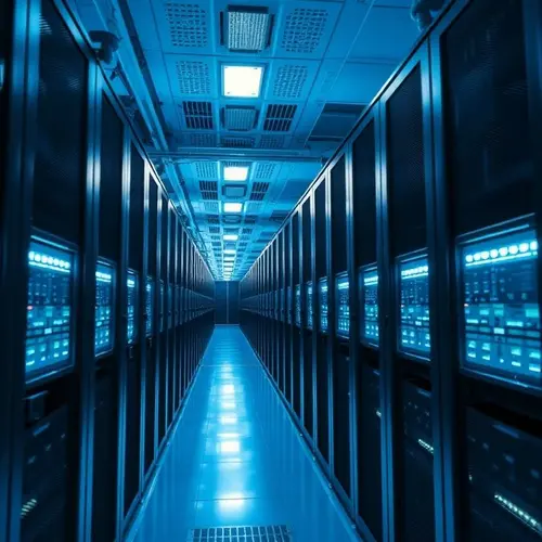 An image showing a long aisle inside a modern data center with server racks.