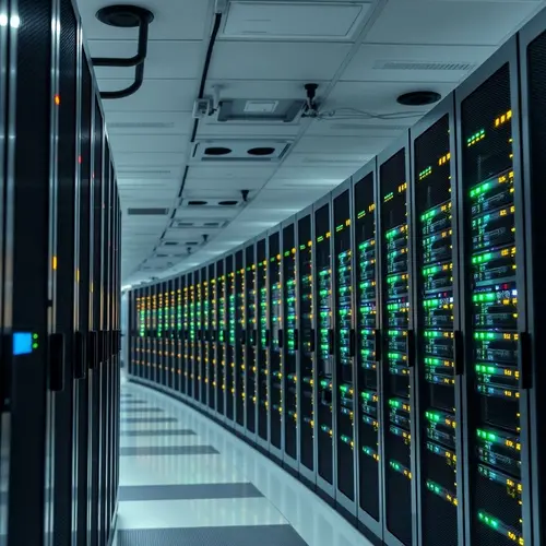 Rows of modern server racks with indicator lights in a data center, representing AI infrastructure.