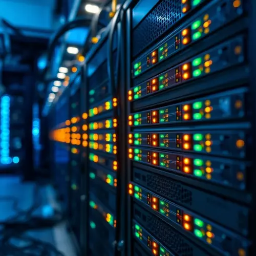 Rows of illuminated server racks within a data center environment, representing digital infrastructure.