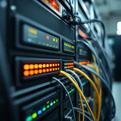 A detailed view of a server rack inside a data center with indicator lights and cables.