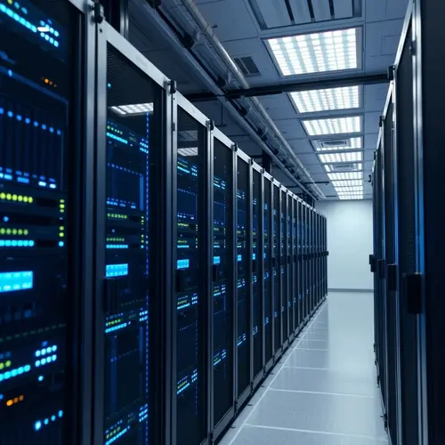 Interior of a large data center with rows of server racks.