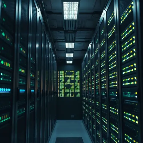 Server racks in a data center, depicting modern technology infrastructure.