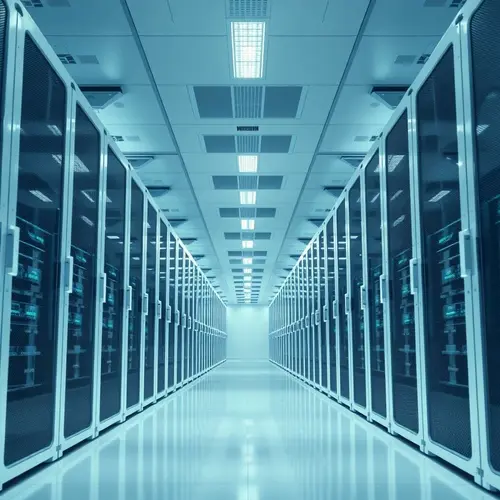 A view of multiple rows of server racks in a modern data center, showcasing advanced infrastructure.