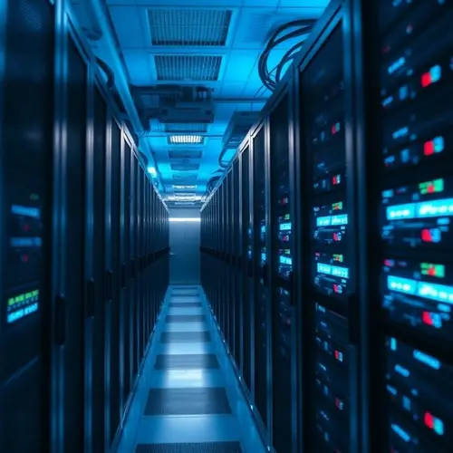 Detailed view of server racks inside a modern data center, showcasing computing infrastructure.
