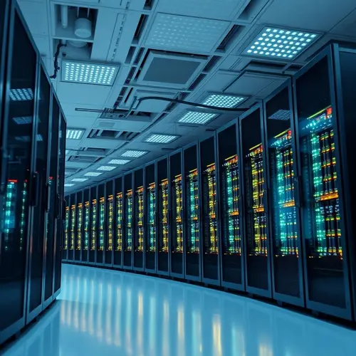 Rows of brightly lit server racks in a modern data center, symbolizing advanced computing infrastructure.