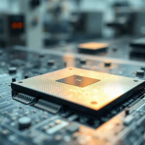 Close-up of a silicon semiconductor wafer with intricate circuit patterns, representing advanced technology.
